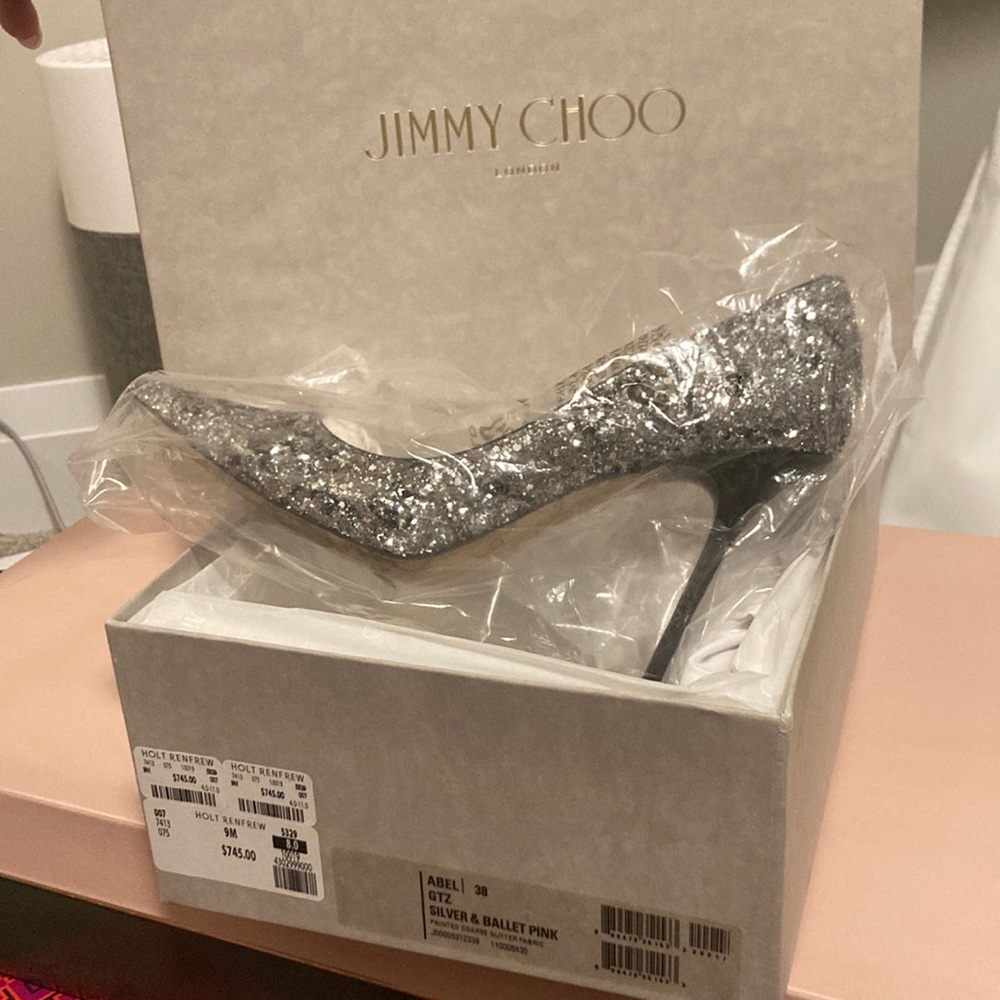 Jimmy Choo Abel silver and valet pink sparkle shoes.
